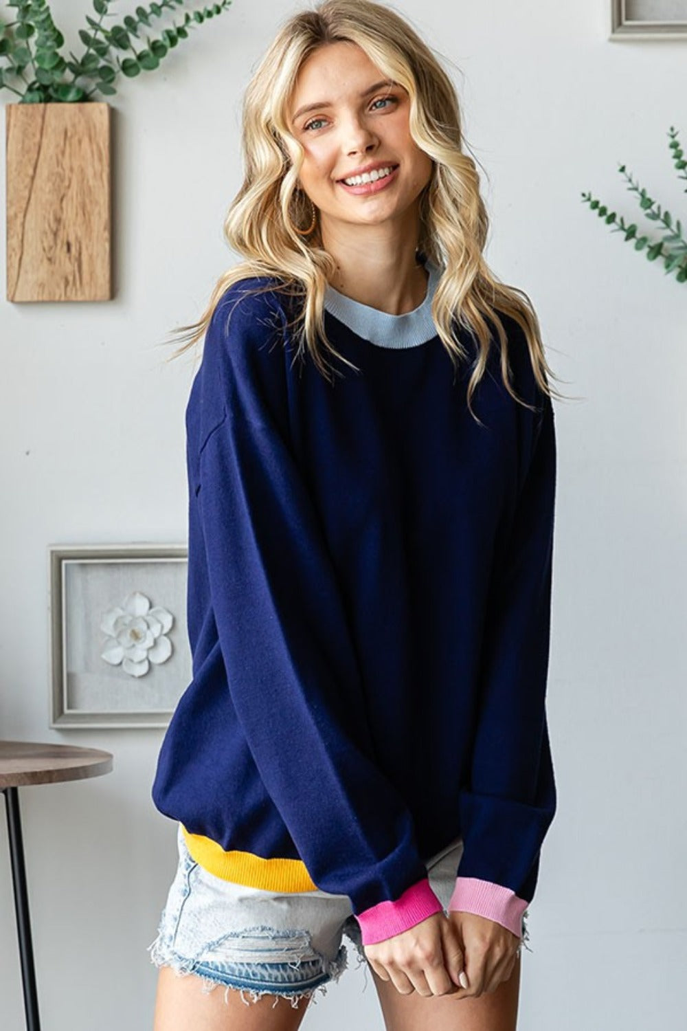 Contrast Ribbed Round Neck Long Sleeve Sweater