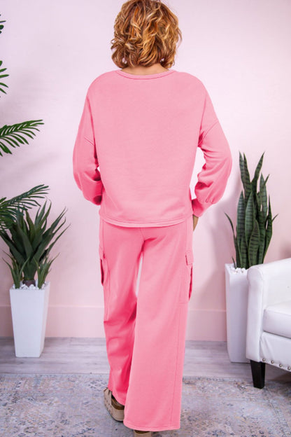 Round Neck Long Sleeve Top and Drawstring Pants Set