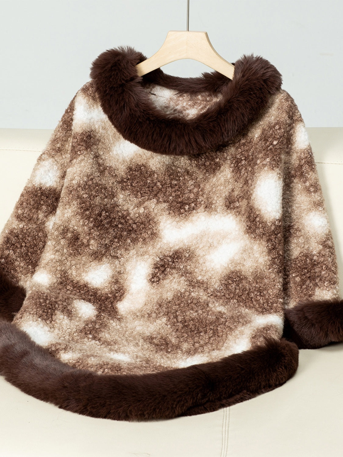 Furry Contrast Three-Quarter Poncho