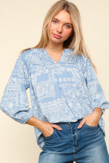 Haptics Printed Notched Balloon Sleeve Blouse