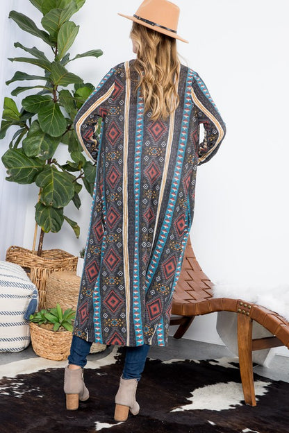 PLUS AZTEC PRINT LONG CARDIGAN