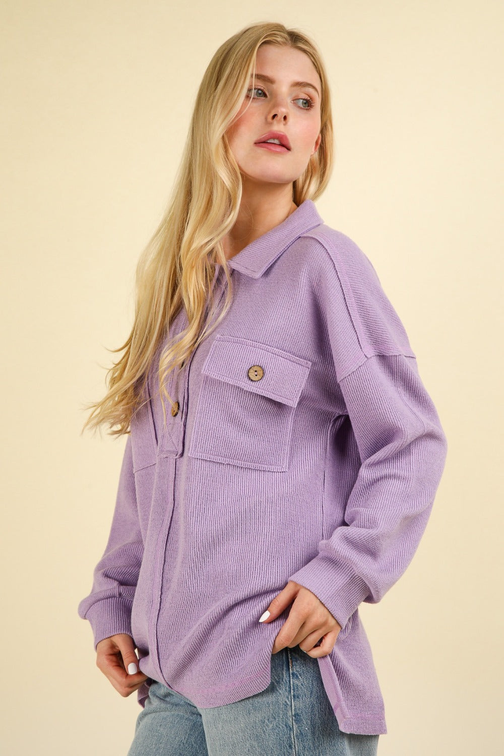 Collared Half Button Knit Top with Pockets