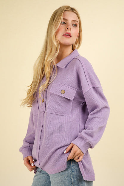 Collared Half Button Knit Top with Pockets