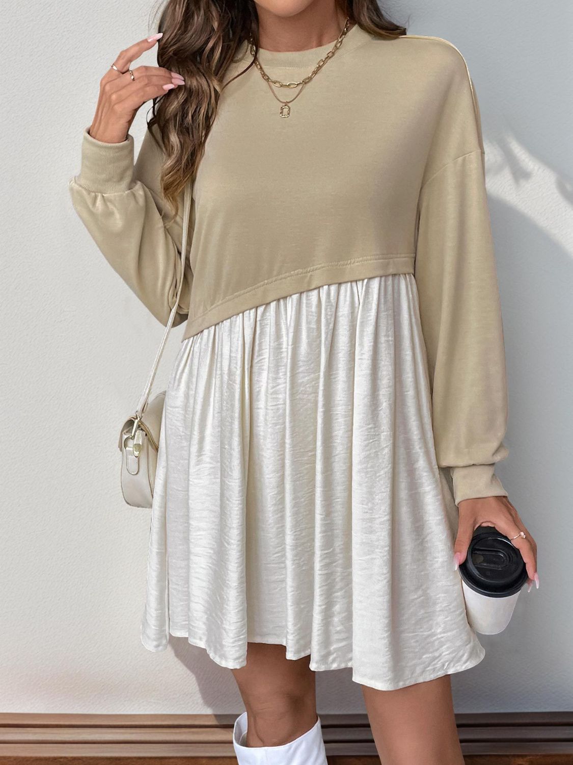 Contrast Round Neck Long Sleeve Mini Dress