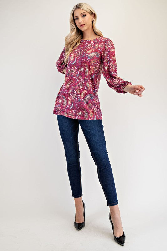 Celeste Paisley Round Neck Balloon Sleeve Top