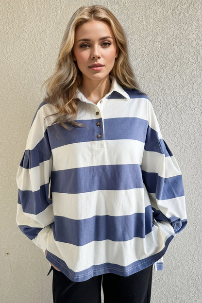 Pima Cotton Wash Wide Striped Collared Neck Long Sleeve Top
