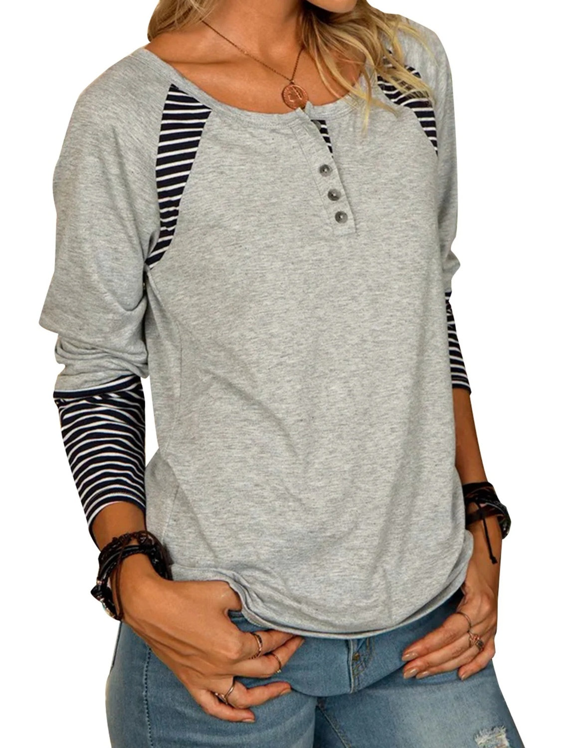 Striped Quarter Button Long Sleeve T-Shirt