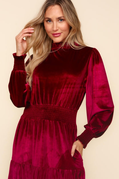 Mock Neck Smocked Waist Velvet Tiered Dress