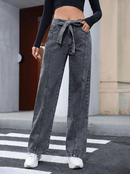 Tied Straight Leg Jeans with Pockets