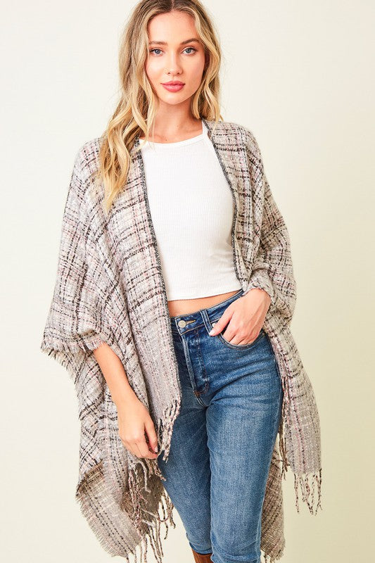 MULTI PLAID FRINGE PONCHO SHAWL