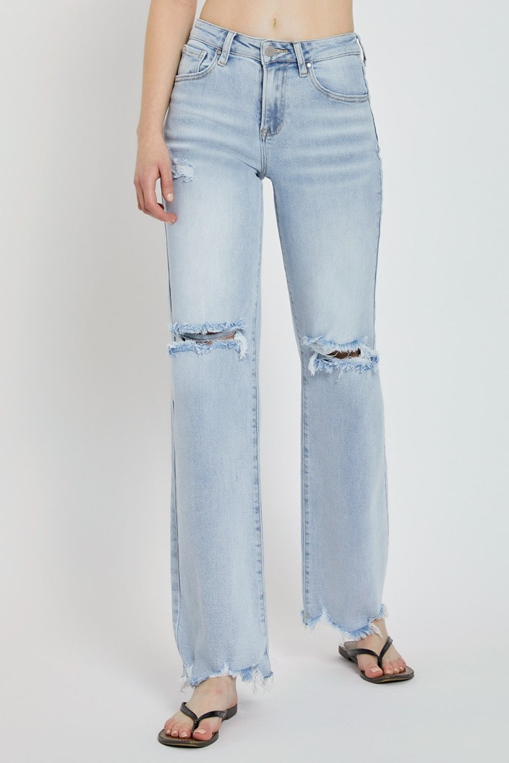 Risen High Rise Distressed Wide Leg Jeans