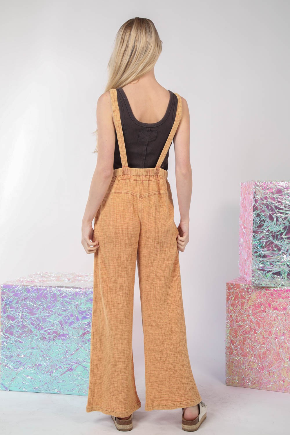 Texture Washed Wide Leg Overalls