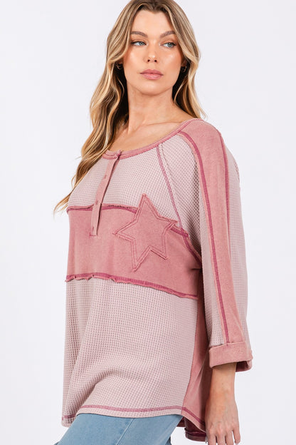 Star Applique Patch Exposed Seam Waffle Knit Top