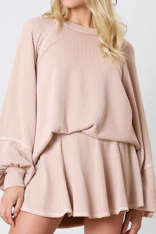 Texture Round Neck Long Sleeve Top and Skirt Set