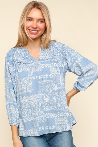 Haptics Printed Notched Balloon Sleeve Blouse