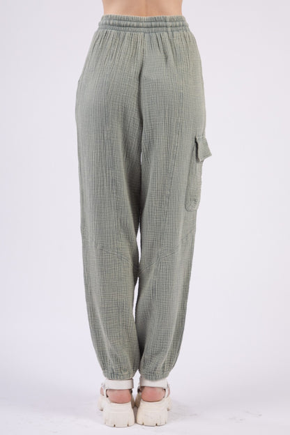 Washed Woven Crinkle Gauze Drawstring Pants