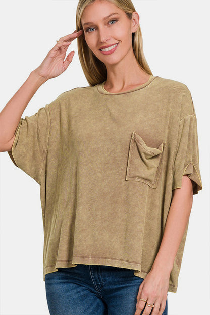 Ribbed Round Neck Drop Shoulder T-Shirt