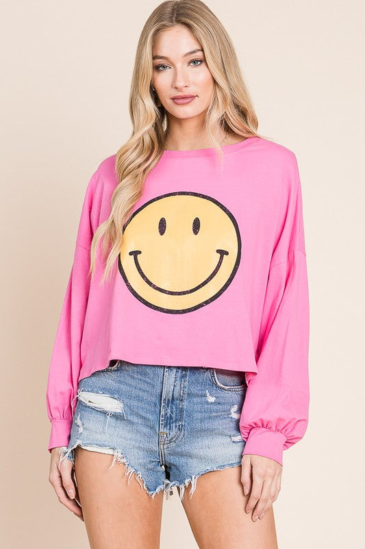 SMILEY FACE LONG SLEEVE CROP TOP PLUS