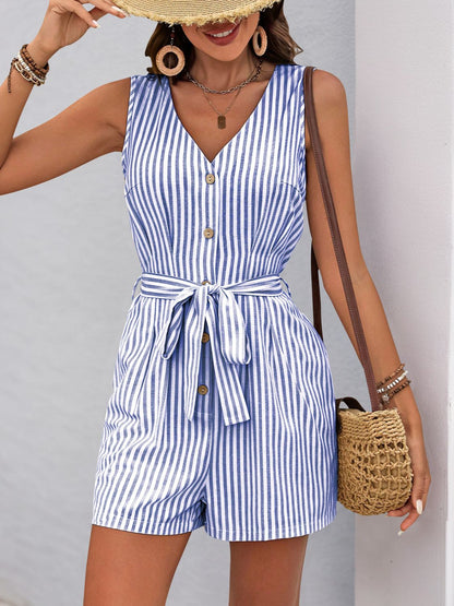 Striped V-Neck Tie Waist Romper
