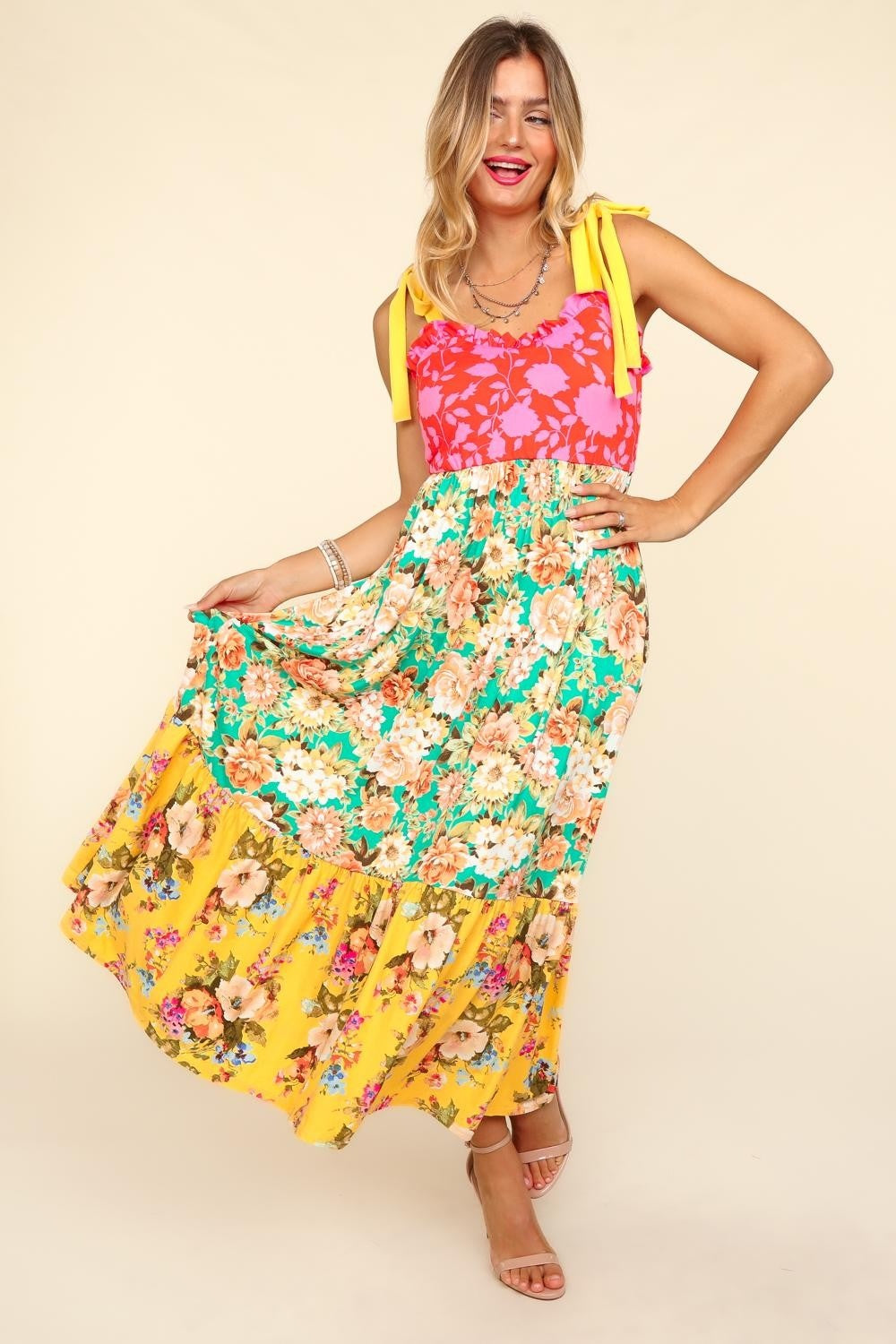 Floral Color Block Maxi Dress with Pockets