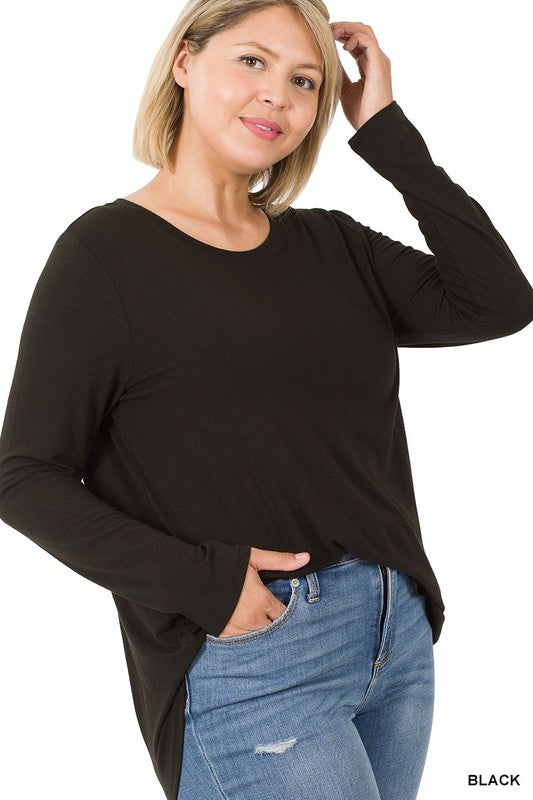 Plus Long Sleeve Round Neck Round Hem Top