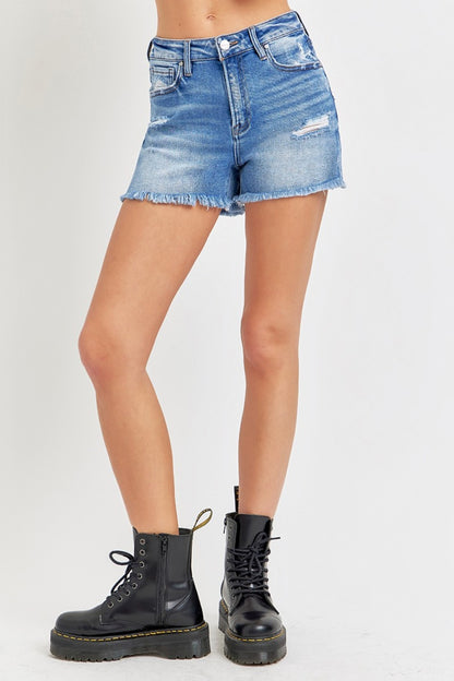 RISEN High Rise Distressed Raw Hem Denim Shorts