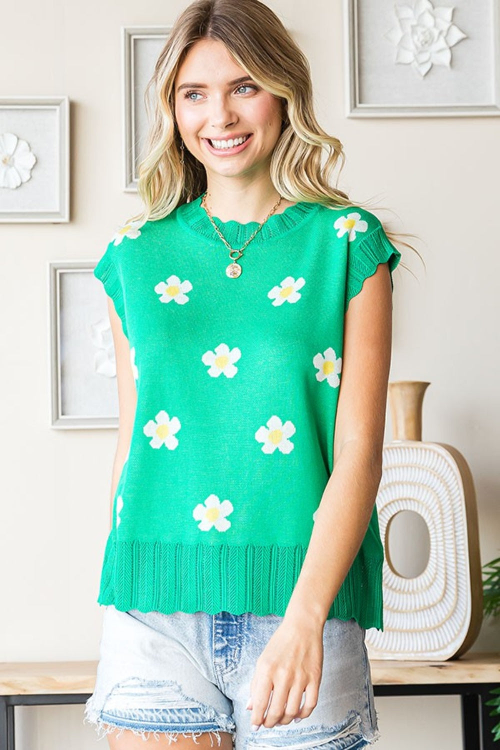 Flower Pattern Round Neck Sweater Vest