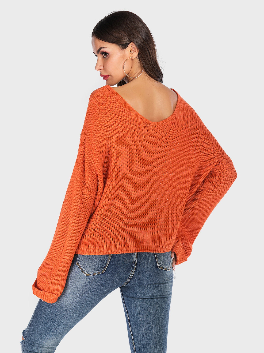 V-Neck Dropped Shoulder Long Sleeve Sweater