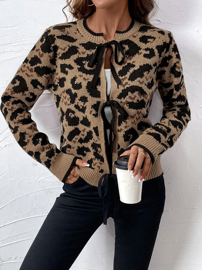 Tied Leopard Long Sleeve Cardigan