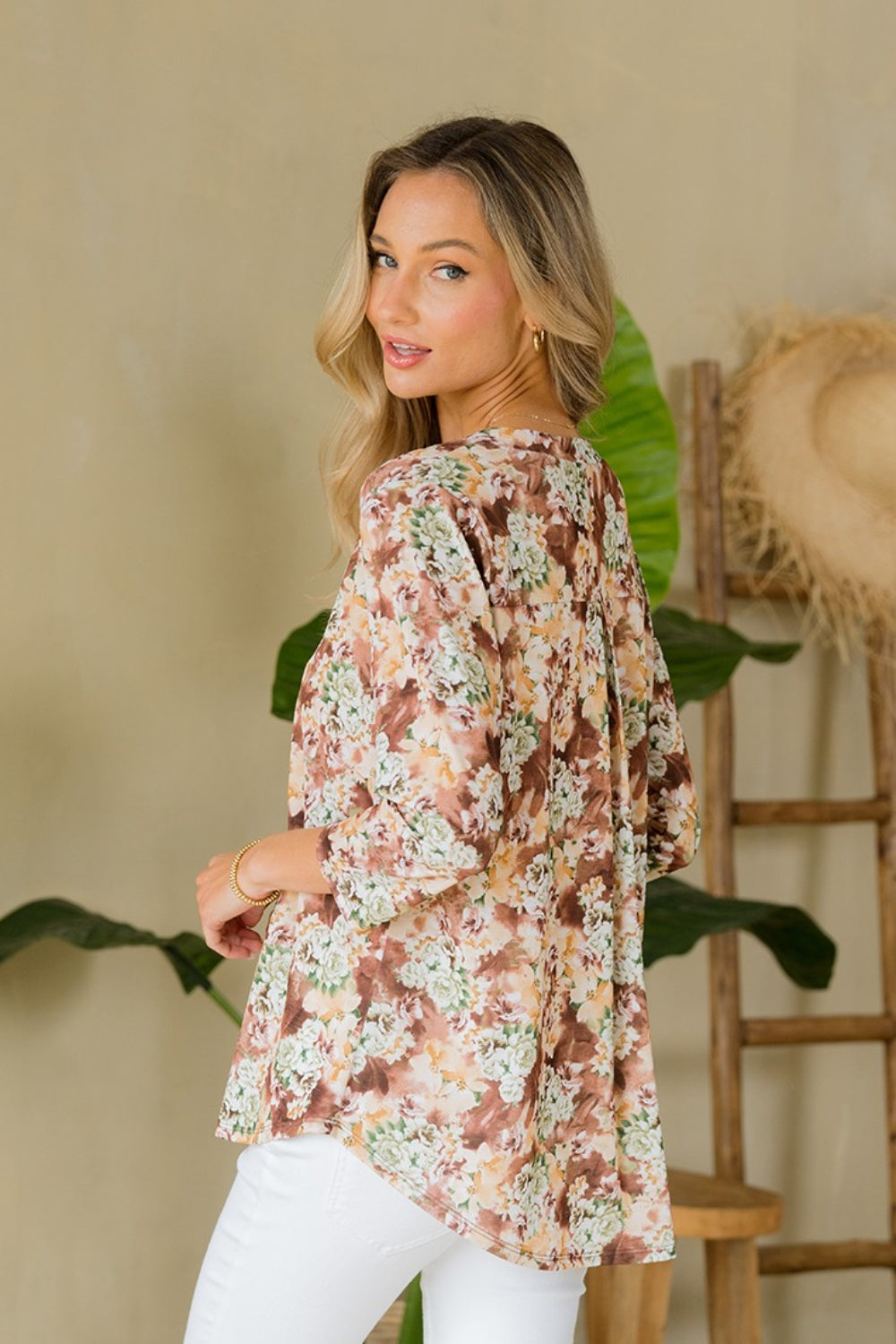 Wrinkle-Free Floral Notched Top