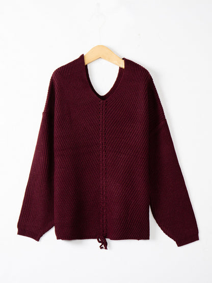 Lace Up V-Neck Long Sleeve Sweater