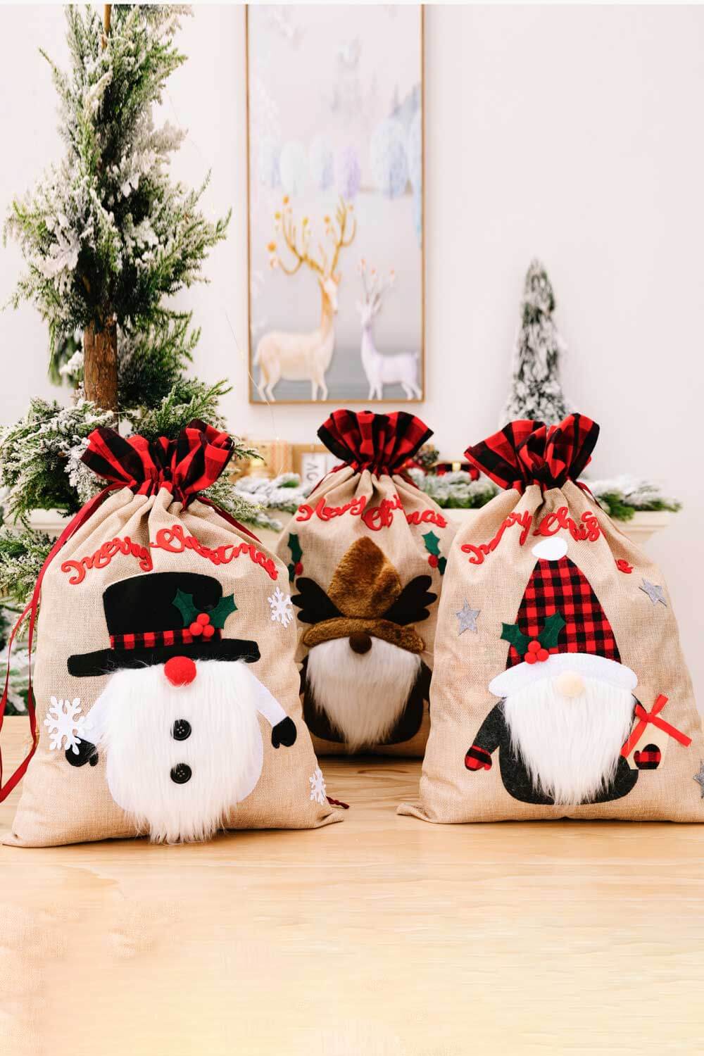 3-Pack Christmas Graphic Drawstring Gift Bags