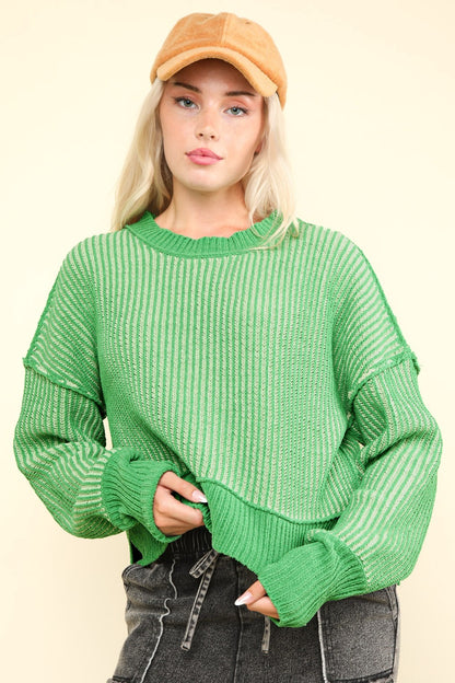 Exposed Seam Cropped Striped Slit Sweater