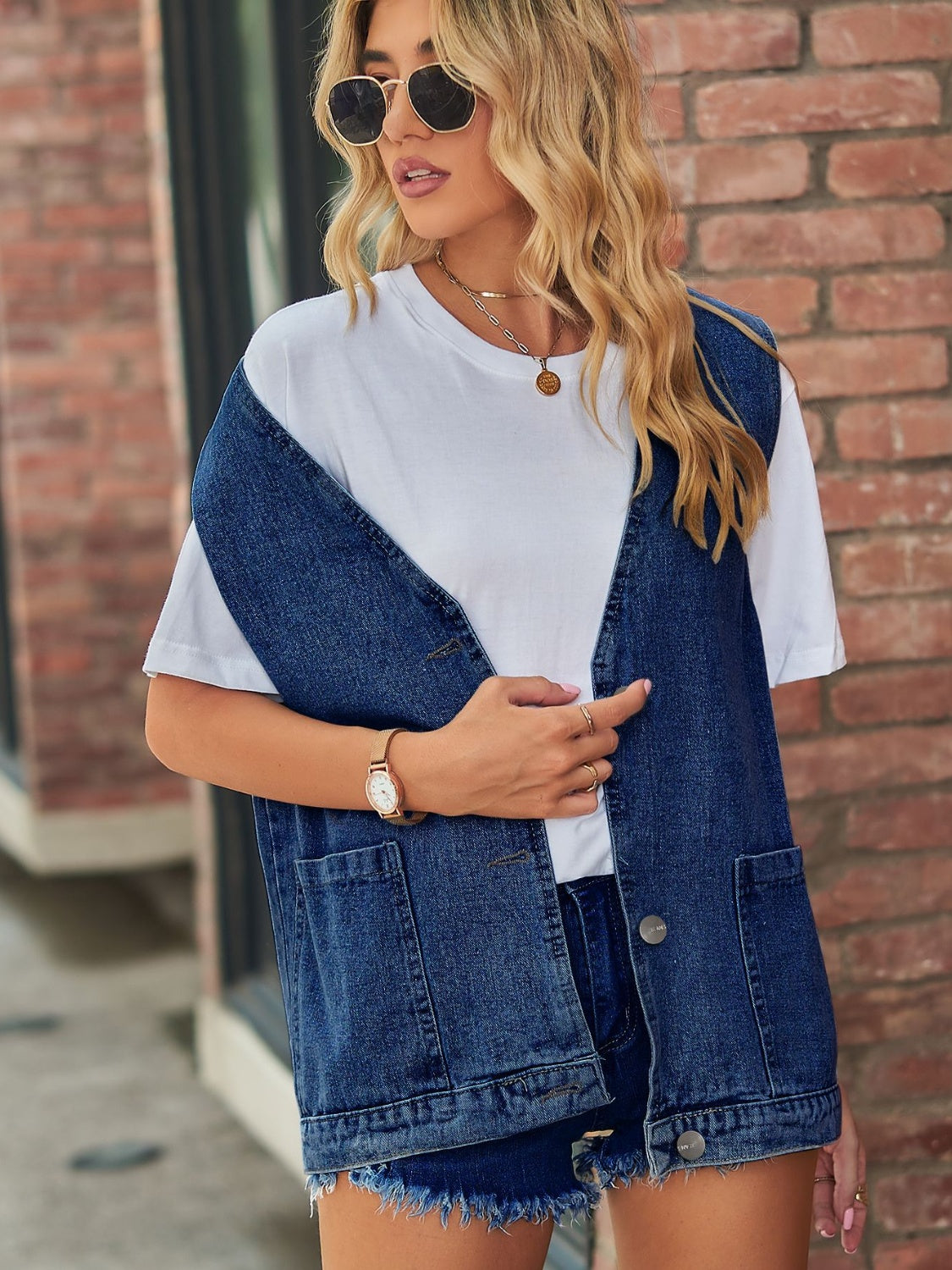 V-Neck Button Up Denim Vest
