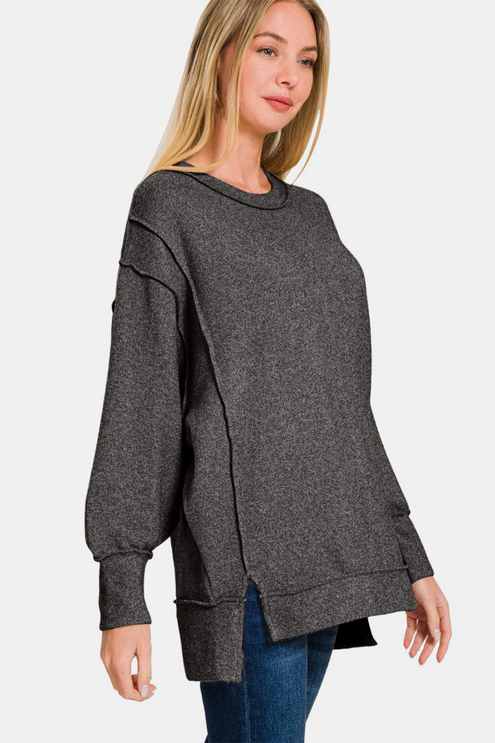 High-Low Round Neck Long Sleeve Sweater