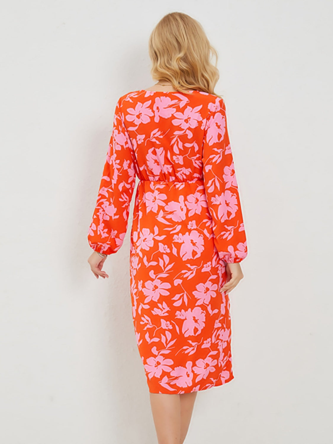 Printed Surplice Long Sleeve Midi Dress