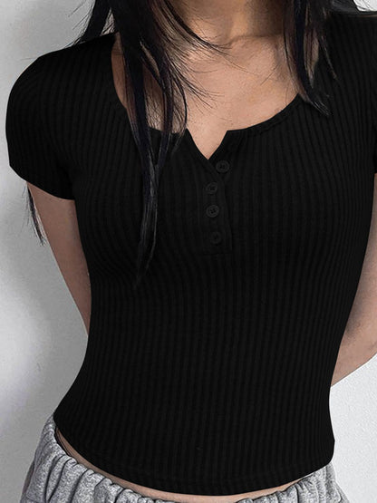 Button Detail Round Neck Short Sleeve T-Shirt