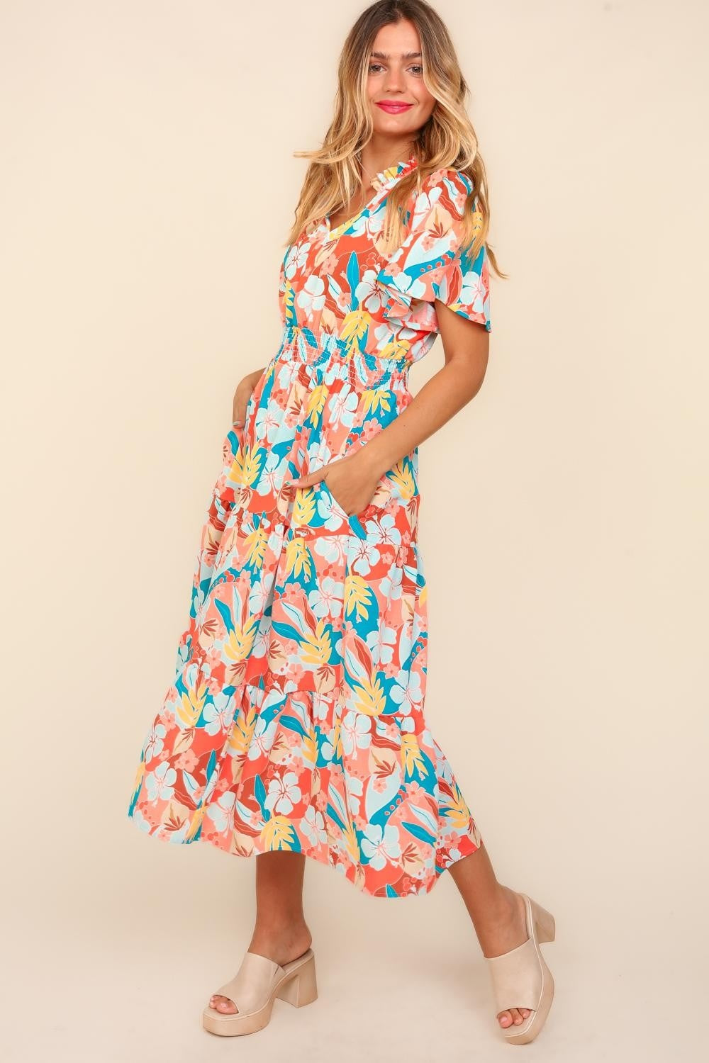 Tropical Floral Tiered Dress with Side Pockets