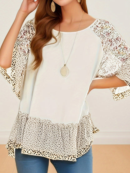 Frill Printed Round Neck Half Sleeve Blouse