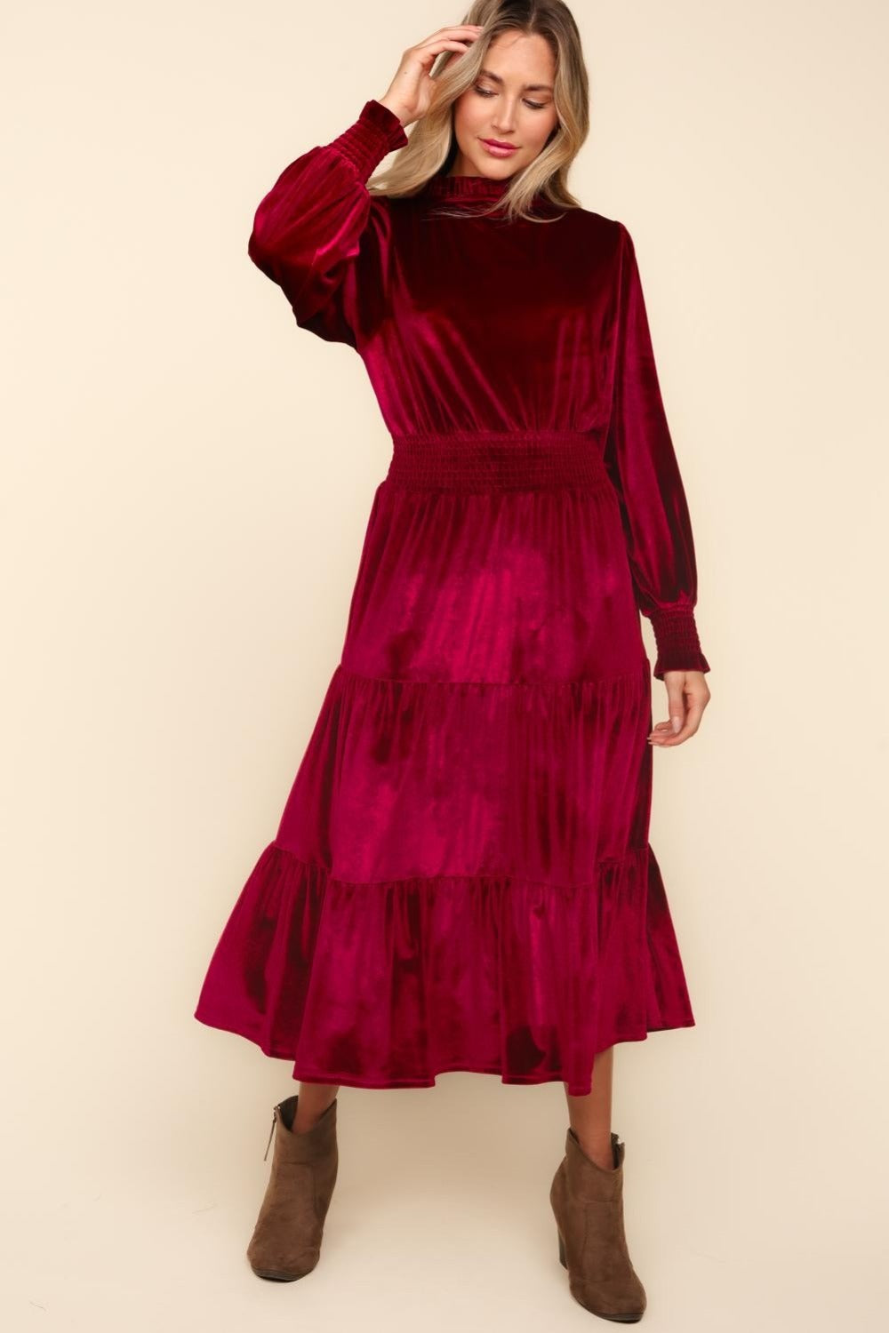 Mock Neck Smocked Waist Velvet Tiered Dress