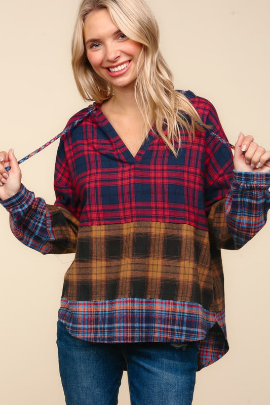 Plaid Edge Cut Detail Hooded Top