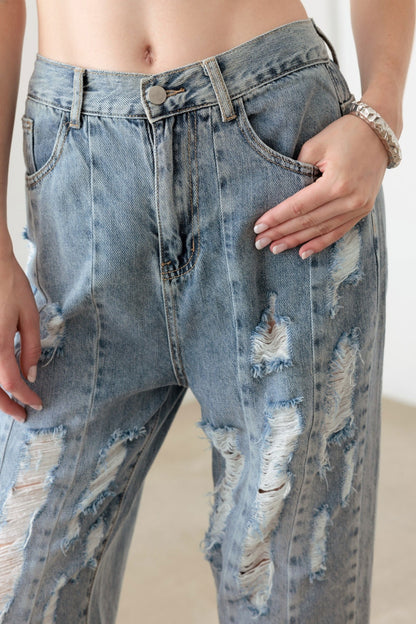 Washed Barrel Leg High Waist Distressed Jeans