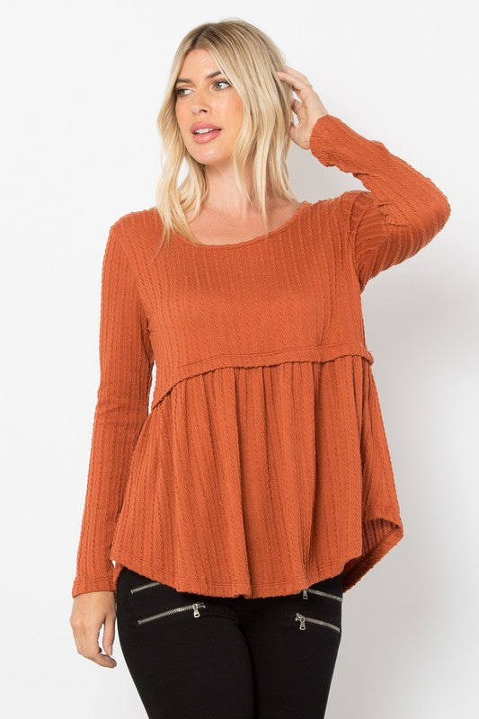 Be Stage Texture Babydoll Round Neck Long Sleeve Knit Top