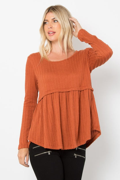 Be Stage Texture Babydoll Round Neck Long Sleeve Knit Top