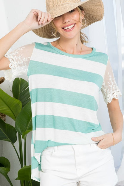 STRIPE EMBROIDERY LACE SLEEVE TOP