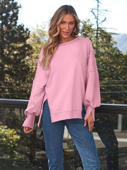 Slit Round Neck Long Sleeve Sweatshirt