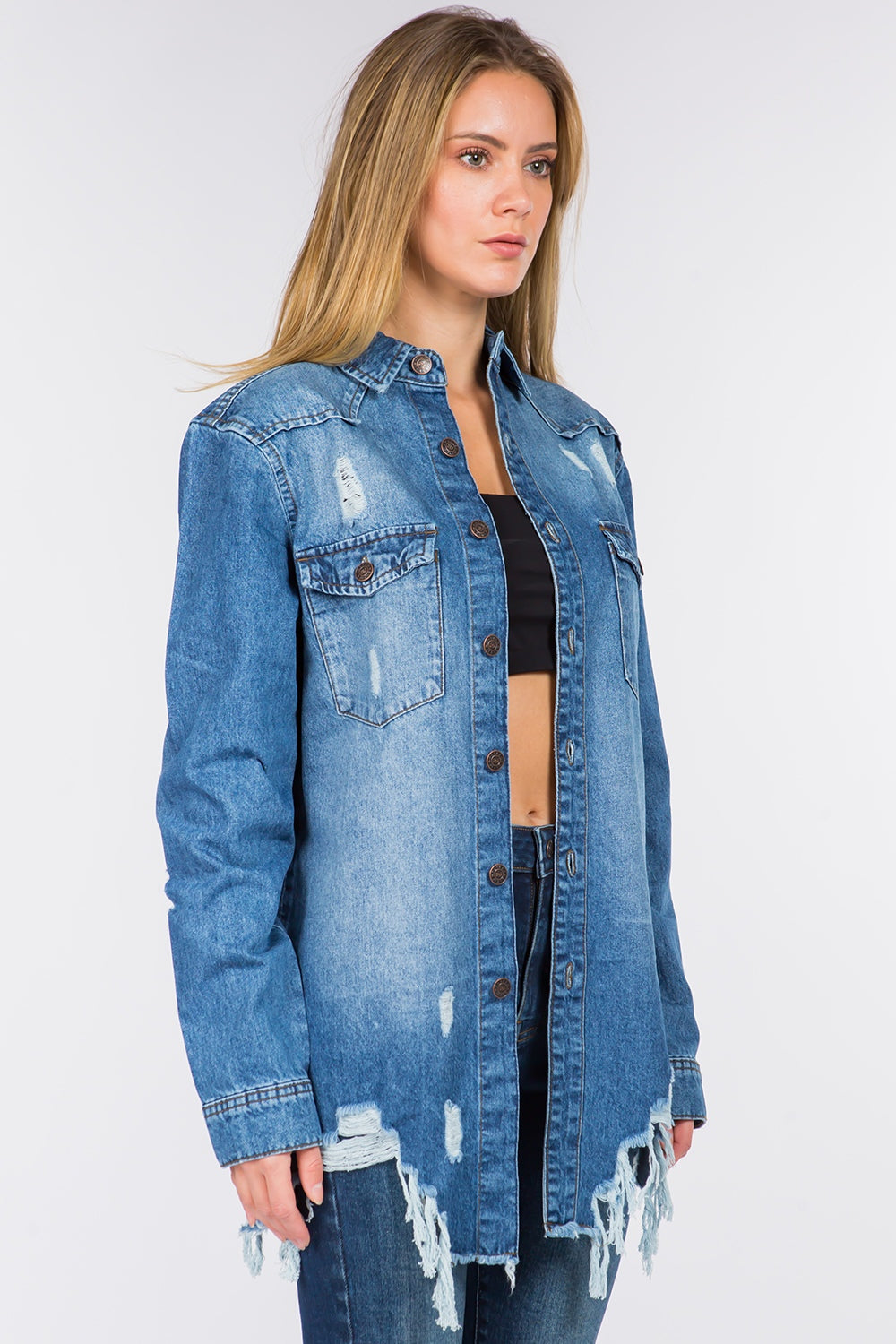 Distressed Frayed Hem Denim Jacket