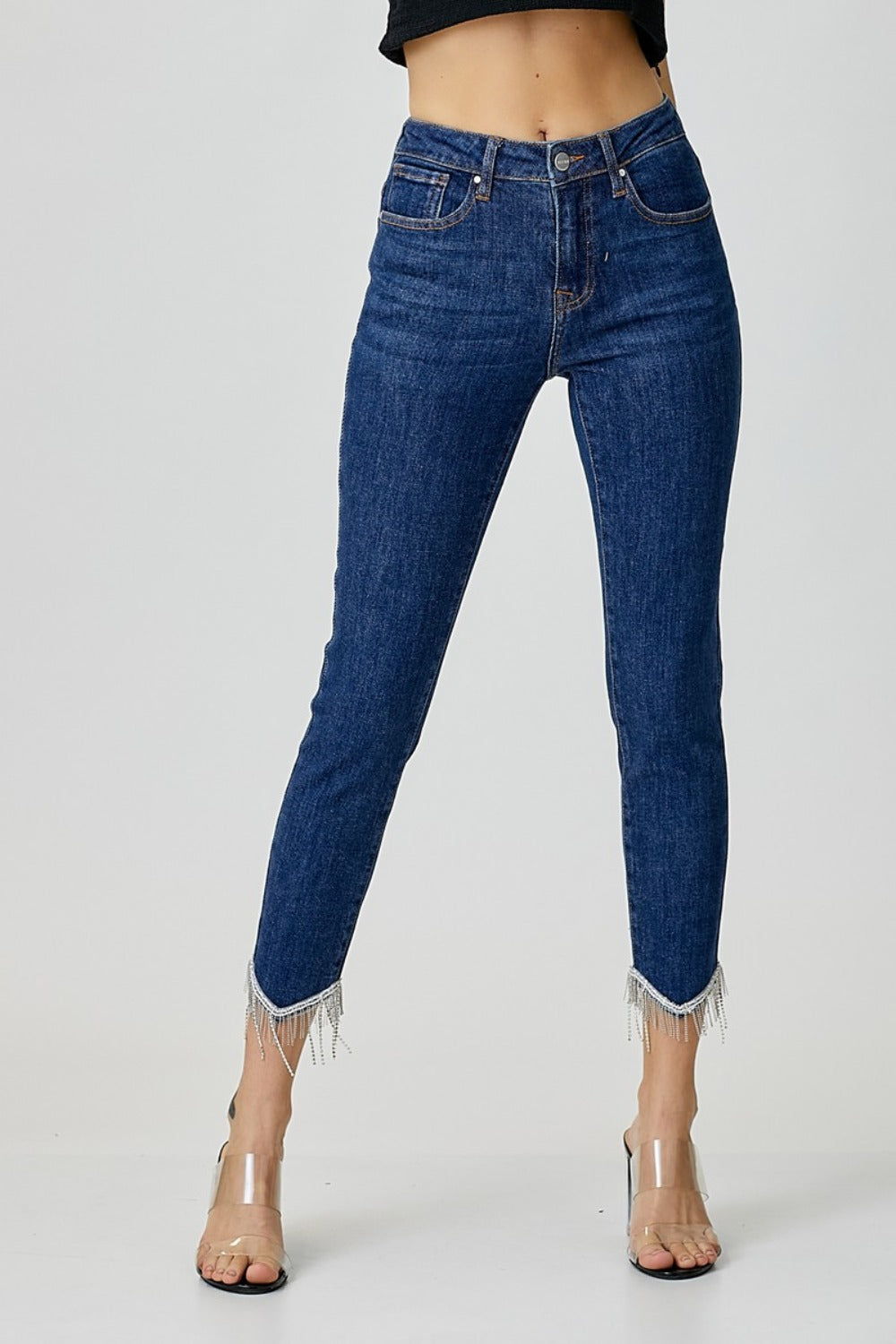 RISEN Embellished Mid Rise Crop Skinny Jeans