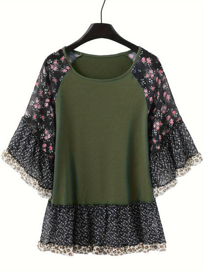 Frill Printed Round Neck Half Sleeve Blouse