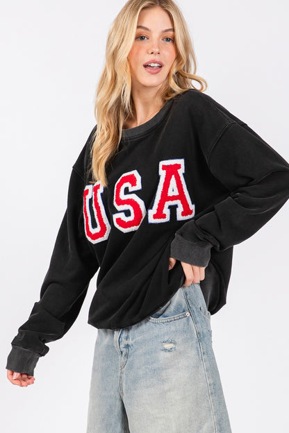 USA Letter Patch Round Neck Sweatshirt